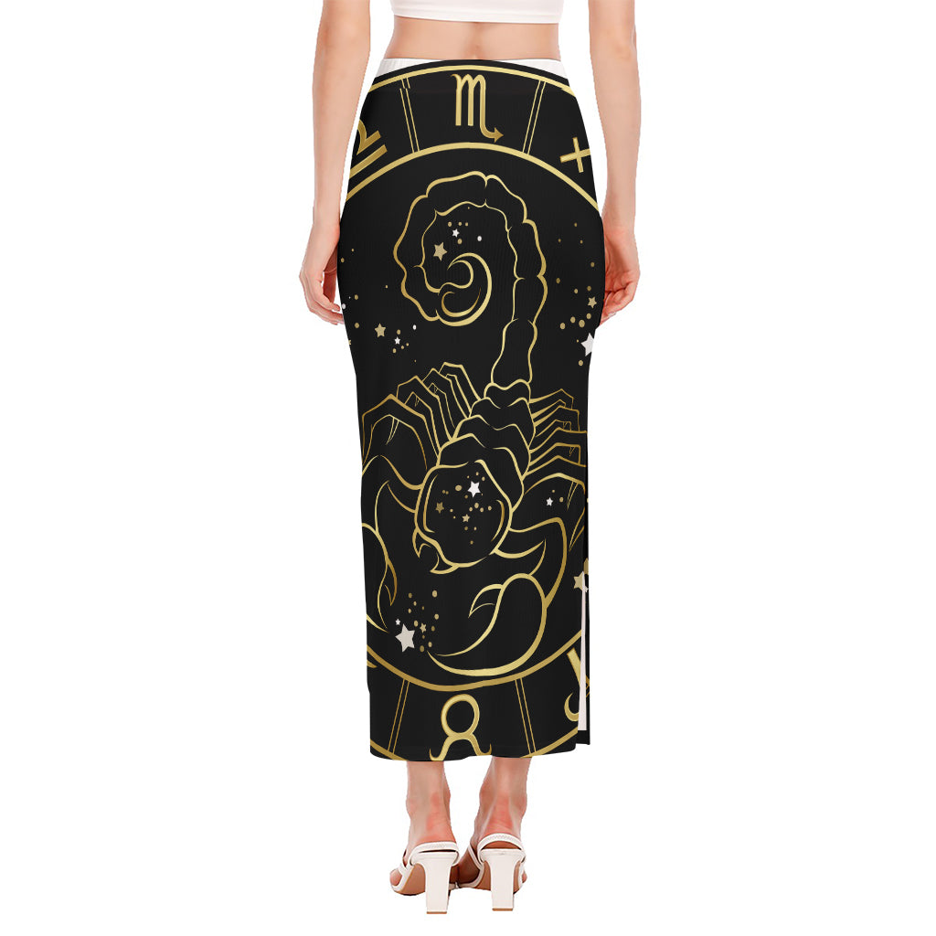 Gold And Black Scorpio Sign Print Side Slit Maxi Skirt