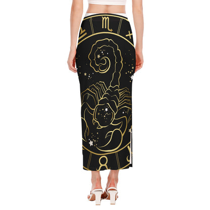 Gold And Black Scorpio Sign Print Side Slit Maxi Skirt