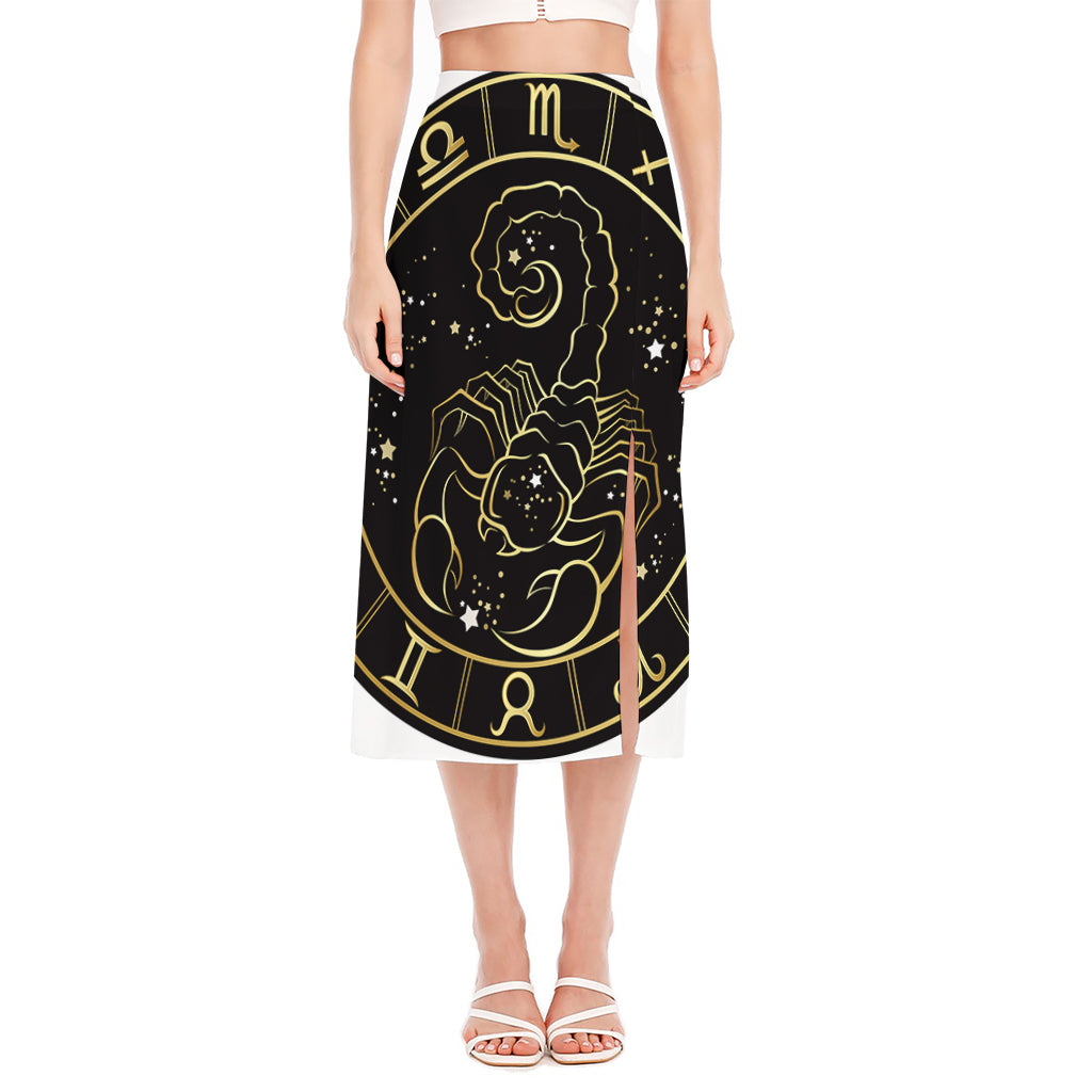 Gold And Black Scorpio Sign Print Side Slit Midi Skirt
