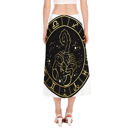 Gold And Black Scorpio Sign Print Side Slit Midi Skirt