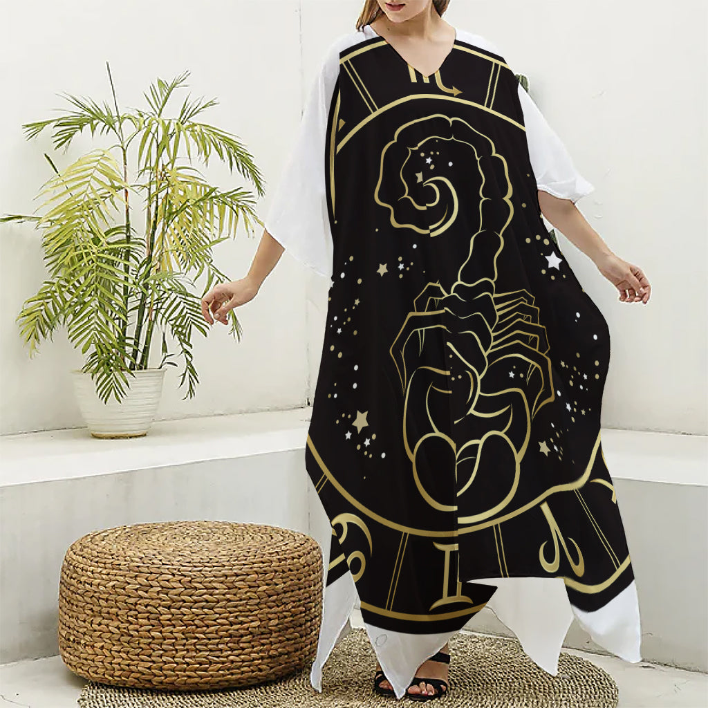 Gold And Black Scorpio Sign Print Silk V-Neck Kaftan Dress