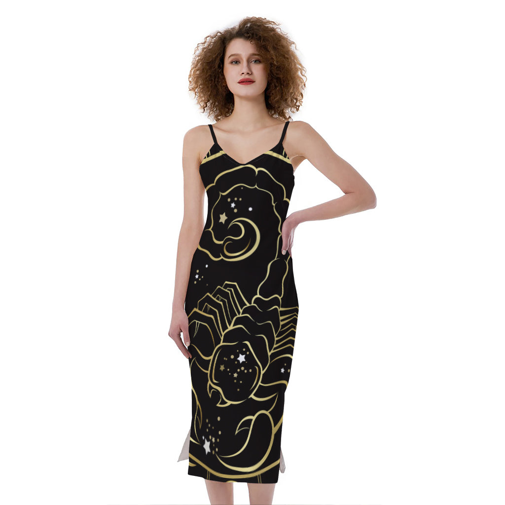 Gold And Black Scorpio Sign Print Slim Fit Midi Cami Dress