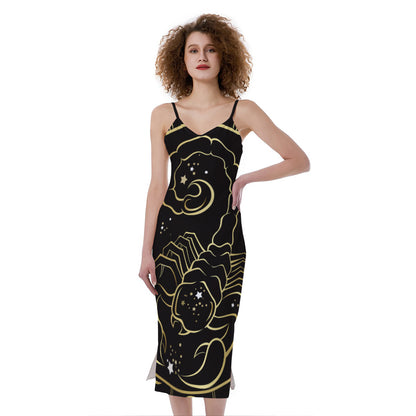 Gold And Black Scorpio Sign Print Slim Fit Midi Cami Dress