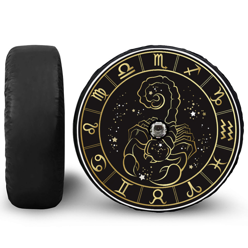 Gold And Black Scorpio Sign Print Tire Cover With Camera Hole