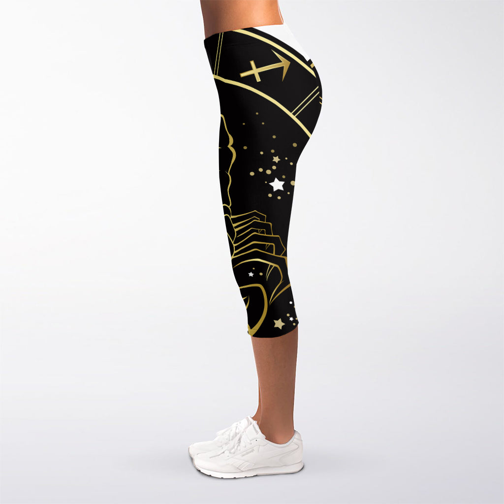 Gold And Black Scorpio Sign Print Women's Capri Leggings