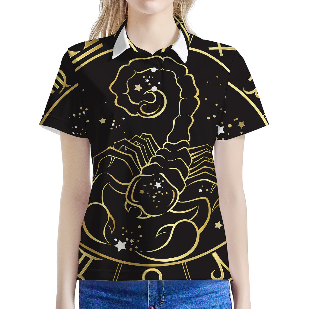 Gold And Black Scorpio Sign Print Women's Polo Shirt