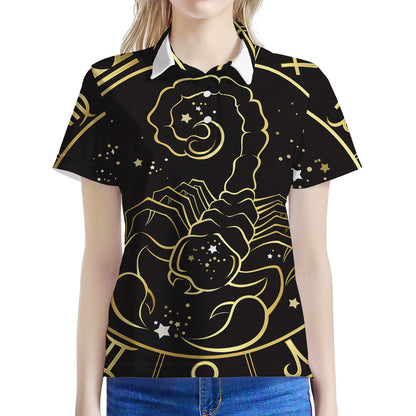 Gold And Black Scorpio Sign Print Women's Polo Shirt