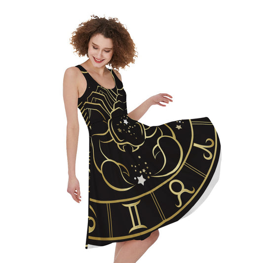 Gold And Black Scorpio Sign Print Women's Sleeveless Dress