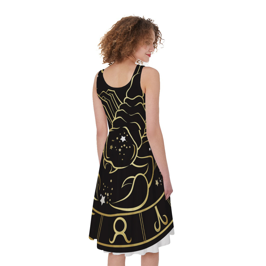 Gold And Black Scorpio Sign Print Women's Sleeveless Dress