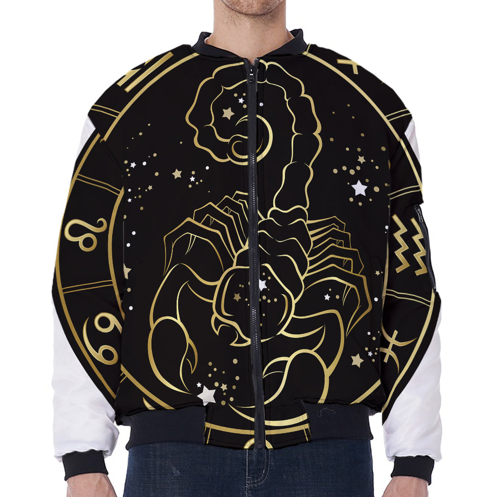 Gold And Black Scorpio Sign Print Zip Sleeve Bomber Jacket
