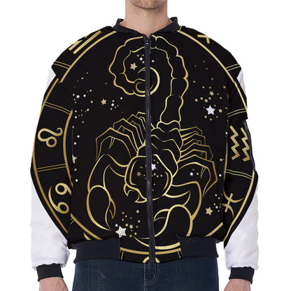 Gold And Black Scorpio Sign Print Zip Sleeve Bomber Jacket