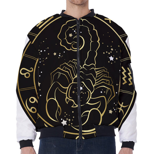 Gold And Black Scorpio Sign Print Zip Sleeve Bomber Jacket
