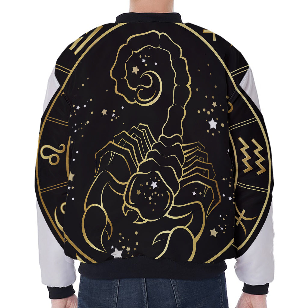 Gold And Black Scorpio Sign Print Zip Sleeve Bomber Jacket