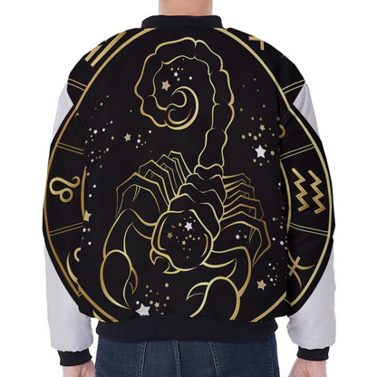 Gold And Black Scorpio Sign Print Zip Sleeve Bomber Jacket