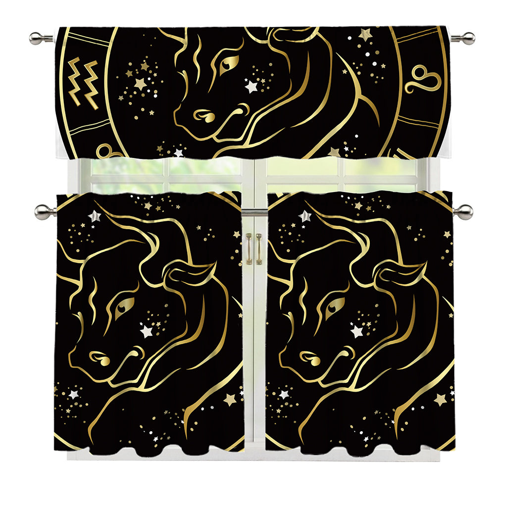Gold And Black Taurus Sign Print 3 Piece Kitchen Curtains