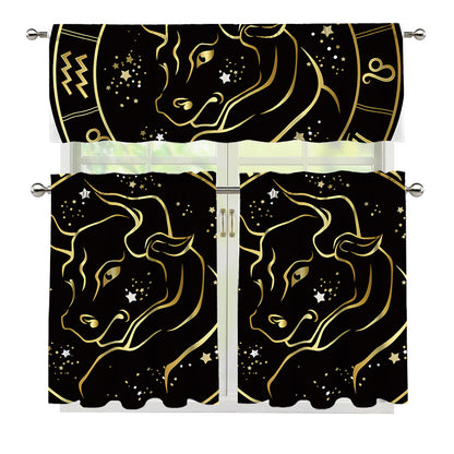 Gold And Black Taurus Sign Print 3 Piece Kitchen Curtains