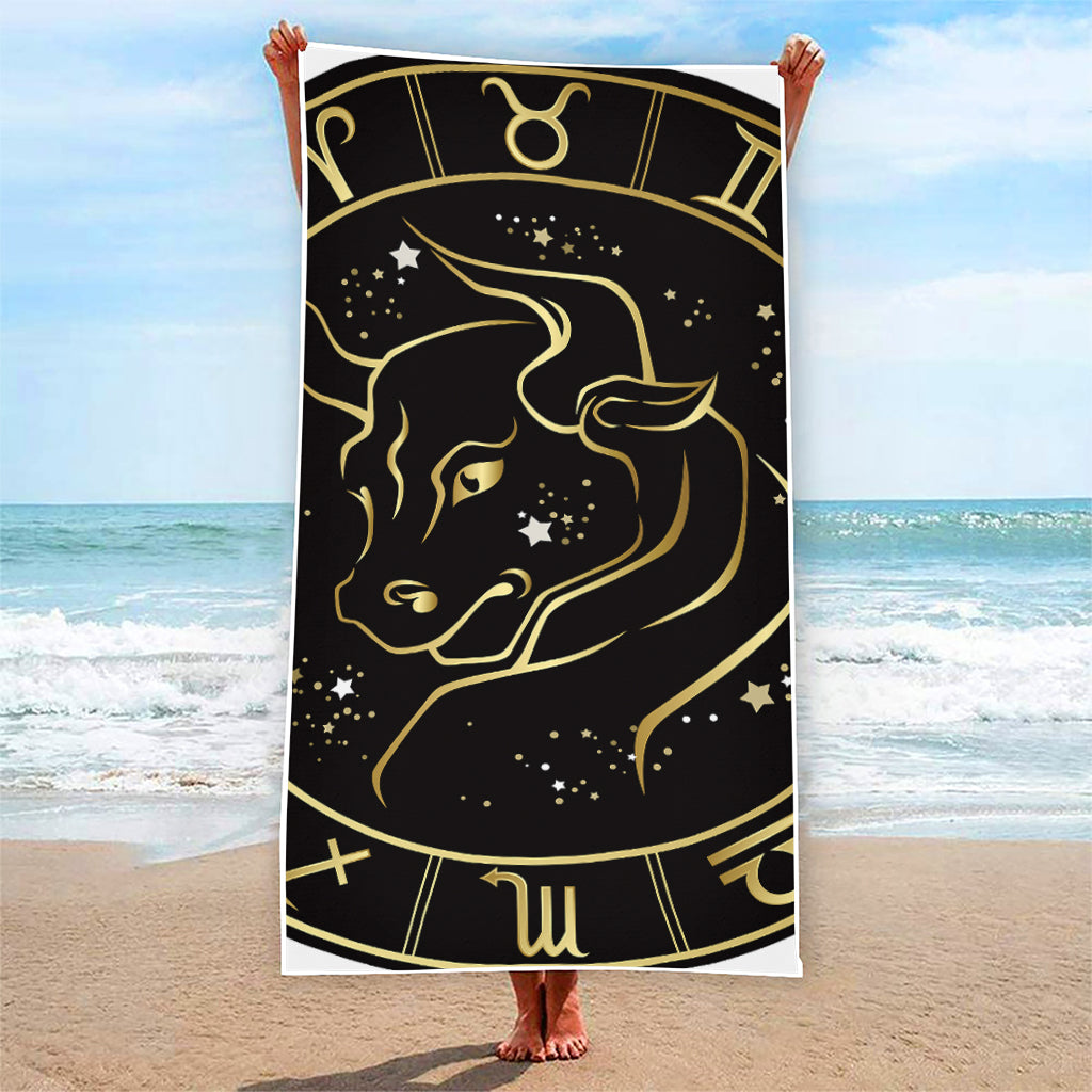 Gold And Black Taurus Sign Print Beach Towel