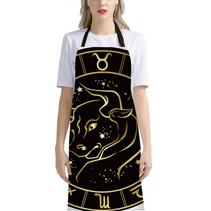 Gold And Black Taurus Sign Print Bib Apron With Pocket