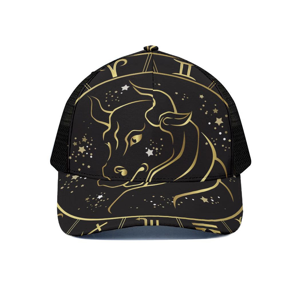 Gold And Black Taurus Sign Print Black Mesh Trucker Cap