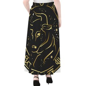 Gold And Black Taurus Sign Print Chiffon Maxi Skirt