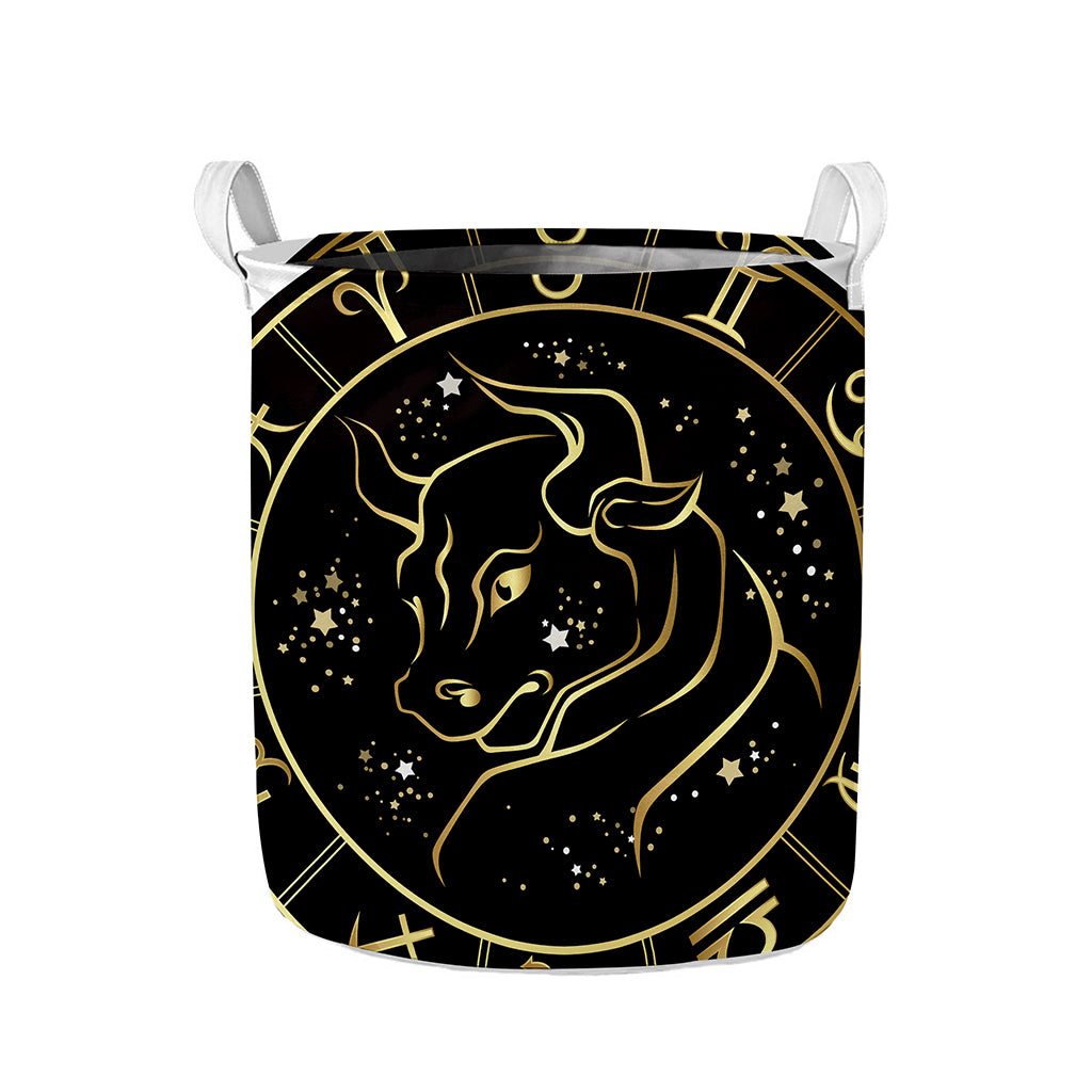 Gold And Black Taurus Sign Print Collapsible Laundry Basket