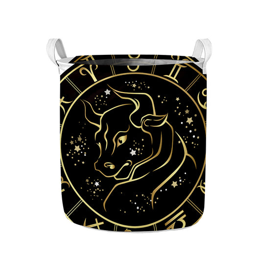 Gold And Black Taurus Sign Print Collapsible Laundry Basket