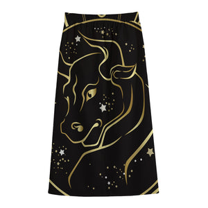 Gold And Black Taurus Sign Print Cotton Front Slit Maxi Skirt