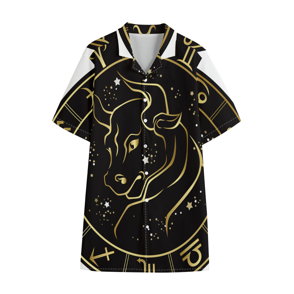 Gold And Black Taurus Sign Print Cotton Hawaiian Shirt