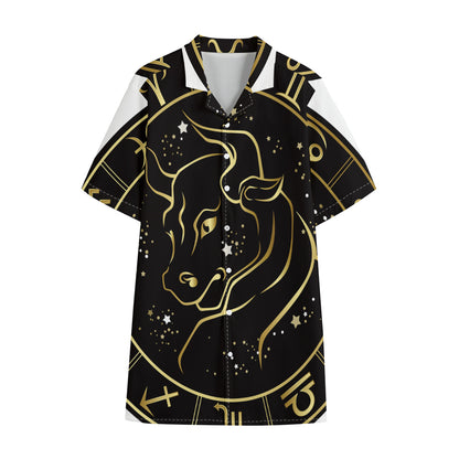 Gold And Black Taurus Sign Print Cotton Hawaiian Shirt