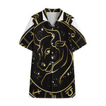 Gold And Black Taurus Sign Print Cotton Hawaiian Shirt