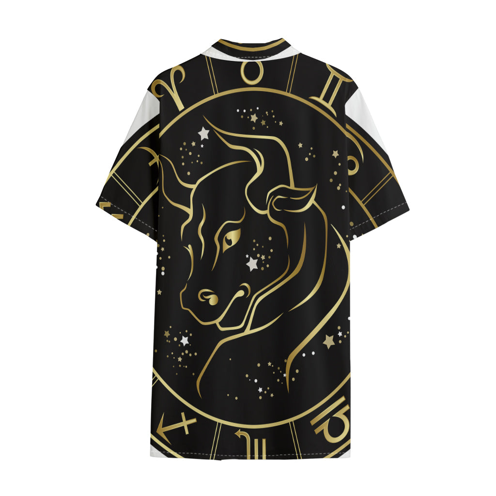 Gold And Black Taurus Sign Print Cotton Hawaiian Shirt