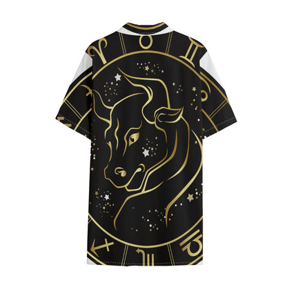 Gold And Black Taurus Sign Print Cotton Hawaiian Shirt
