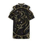 Gold And Black Taurus Sign Print Cotton Hawaiian Shirt
