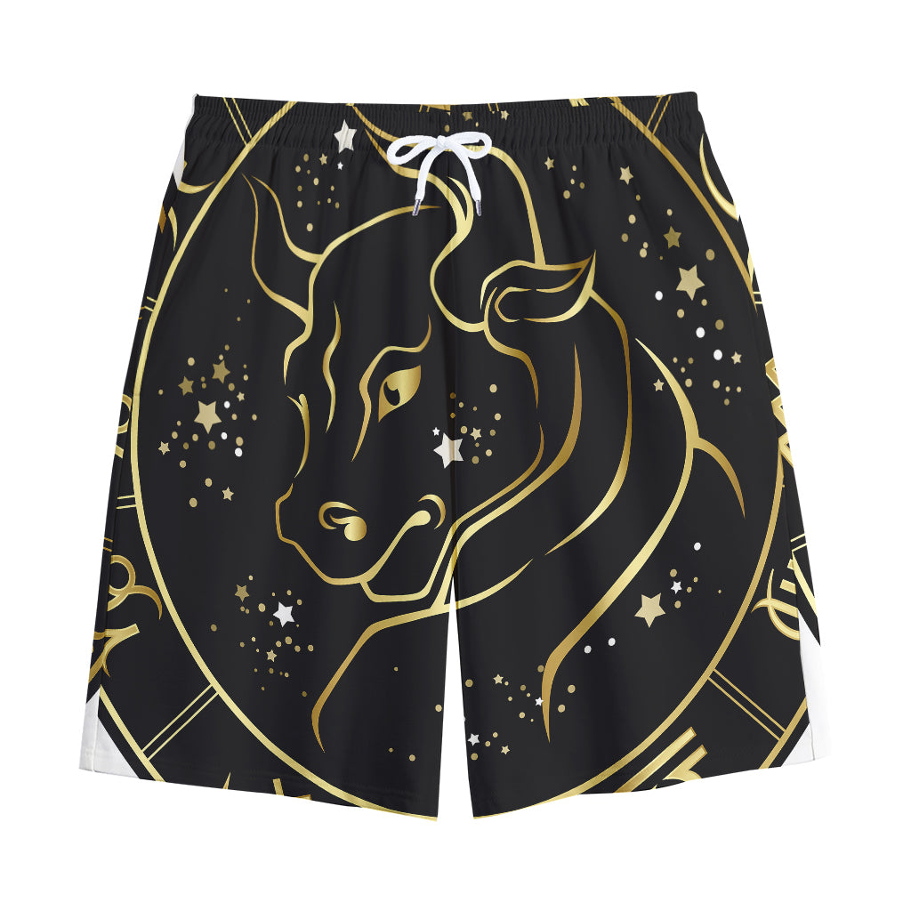 Gold And Black Taurus Sign Print Cotton Shorts