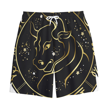 Gold And Black Taurus Sign Print Cotton Shorts