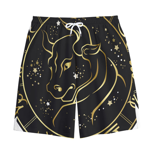 Gold And Black Taurus Sign Print Cotton Shorts