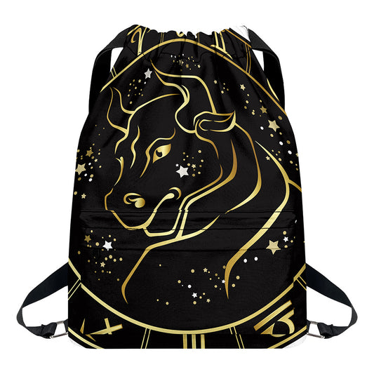 Gold And Black Taurus Sign Print Drawstring Backpack