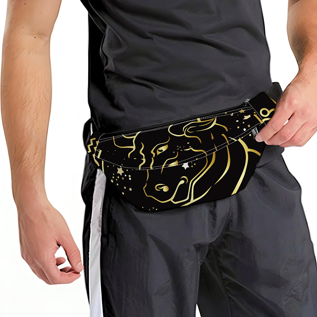 Gold And Black Taurus Sign Print Fanny Pack