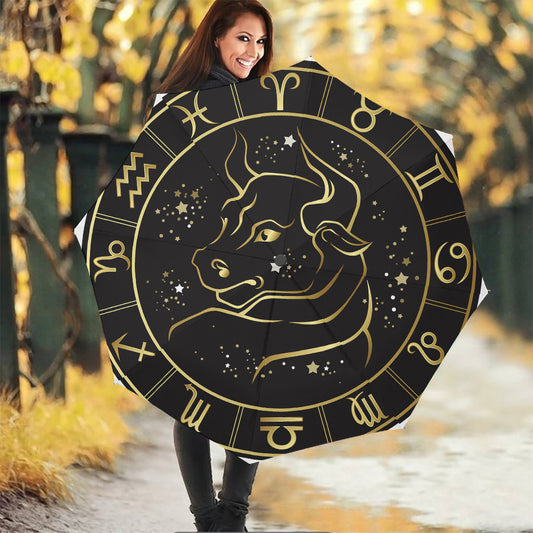 Gold And Black Taurus Sign Print Foldable Umbrella