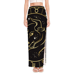 Gold And Black Taurus Sign Print High Slit Maxi Skirt