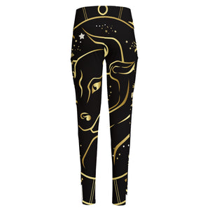 Gold And Black Taurus Sign Print High-Waisted Pocket Leggings