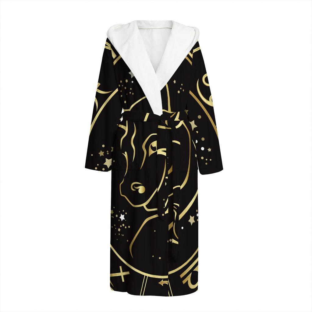 Gold And Black Taurus Sign Print Hooded Bathrobe