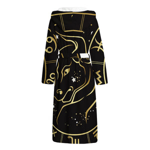 Gold And Black Taurus Sign Print Hooded Bathrobe