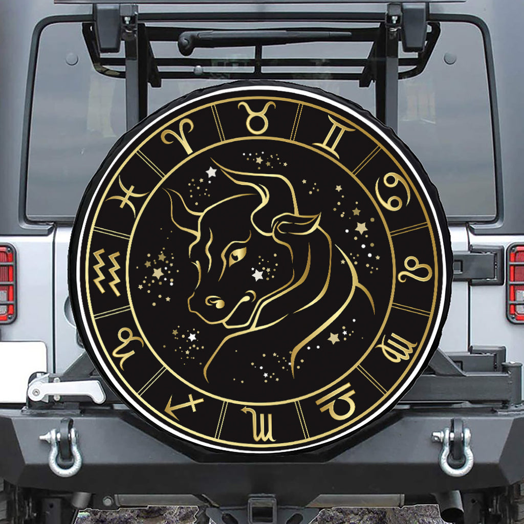 Gold And Black Taurus Sign Print Leather Spare Tire Cover