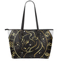 Gold And Black Taurus Sign Print Leather Tote Bag With Zipper