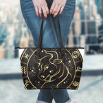 Gold And Black Taurus Sign Print Leather Tote Bag