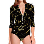 Gold And Black Taurus Sign Print Long Sleeve Swimsuit
