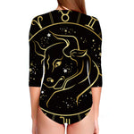 Gold And Black Taurus Sign Print Long Sleeve Swimsuit
