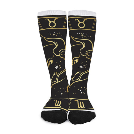 Gold And Black Taurus Sign Print Long Socks