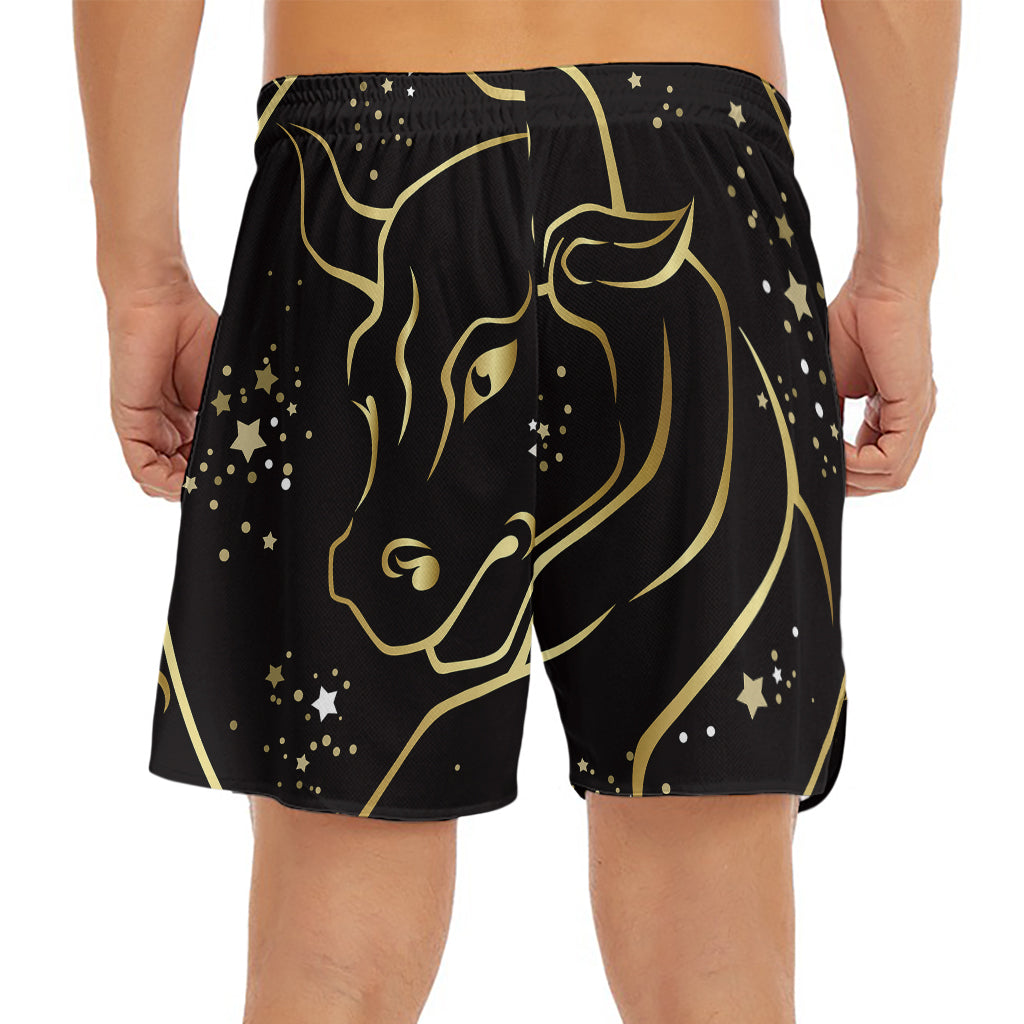 Gold And Black Taurus Sign Print Men's Split Running Shorts